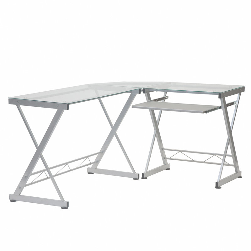 Bureau d'ordinateur en L en verre trempé avec panneau de clavier coulissant, transparent