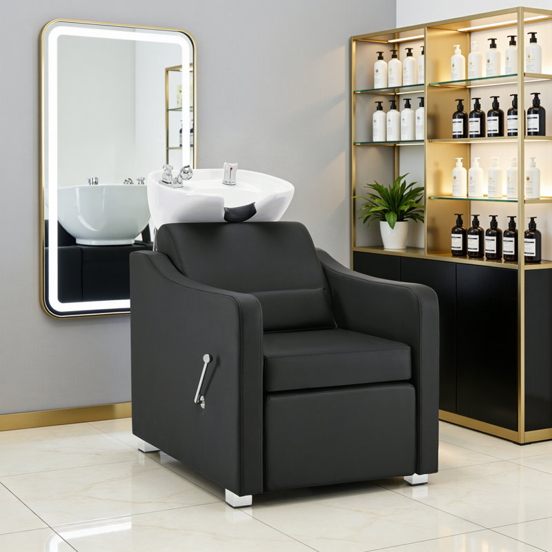 Backwash Shampoo Station Chair, Adjustable Ceramic Hair Wash Bowl with Chair, Black Faux Leather