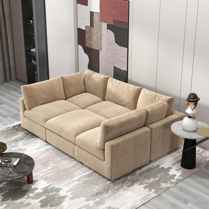 Kessi 6-Piece Upholstered Modern Chenille Fabric Modular Sectional Sofa With Ottoman, Khaki Chenille