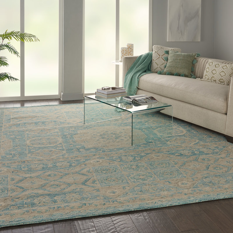 Velan Floral Handmade Looped Wool Ocean Blue/Beige Area Rug, Rectangle 8' x 11'
