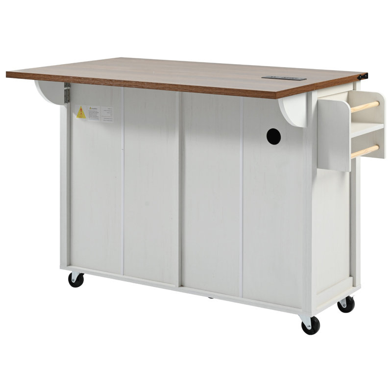 53.5''Farmhouse Kitchen Island with Power Outlet, Kitchen Storage Island with Drop Leaf, Spice Rack and Drawer, Rolling Kitchen Cart on Wheels, for Home, Kitchen and Dining Room