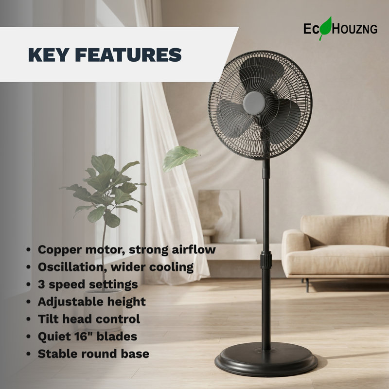 Ventilateur sur pied oscillant 16 po avec hauteur réglable Ecohouzng