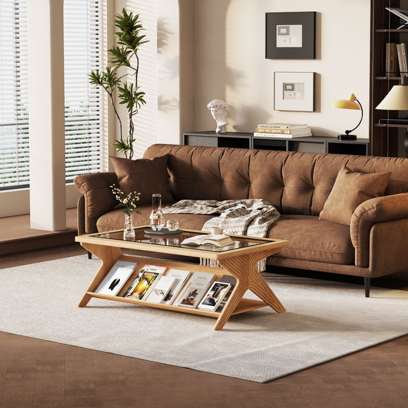 Rectangle Coffee Table With Glass Top & Storage Shelf, Oak Wood