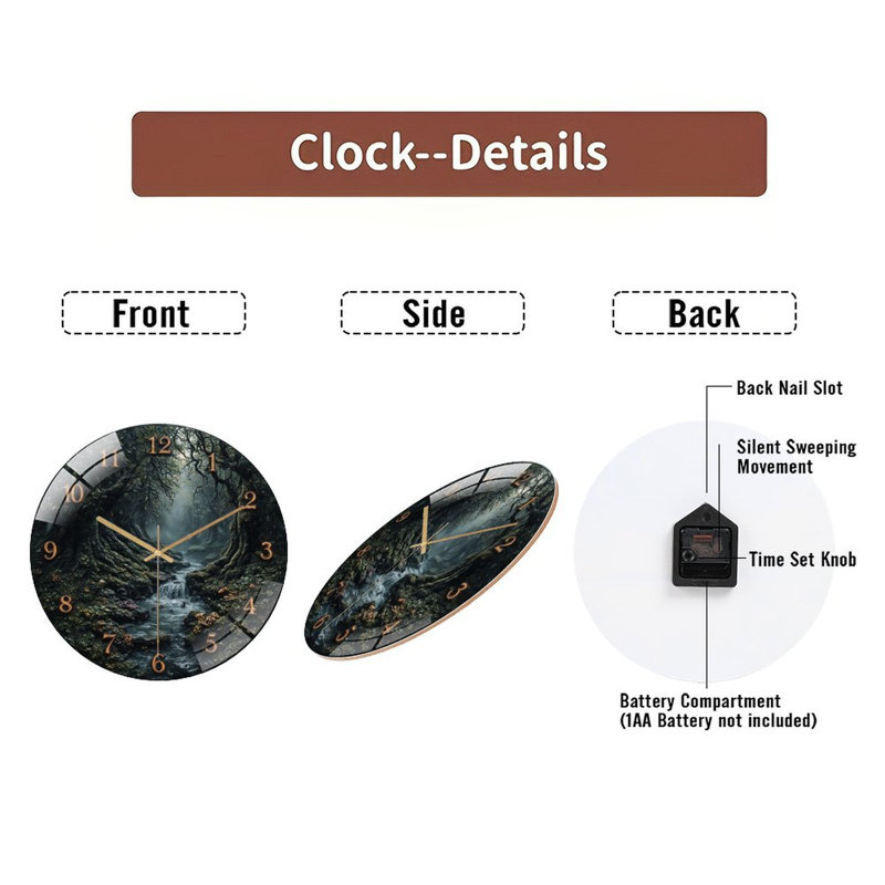 Horloge murale forêt en bois avec chiffres et cascade - 12 po