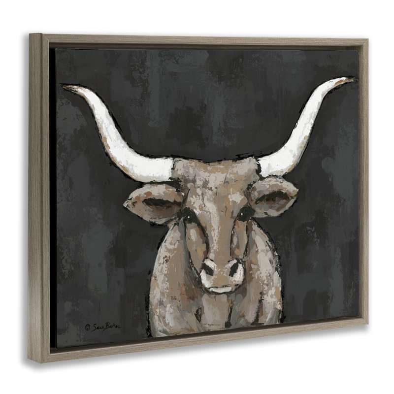 Longhorn sur cadre flottant gris sombre, design par Sara Baker, H 25 po x l 31 po, Cadre flottant orme Montalcino