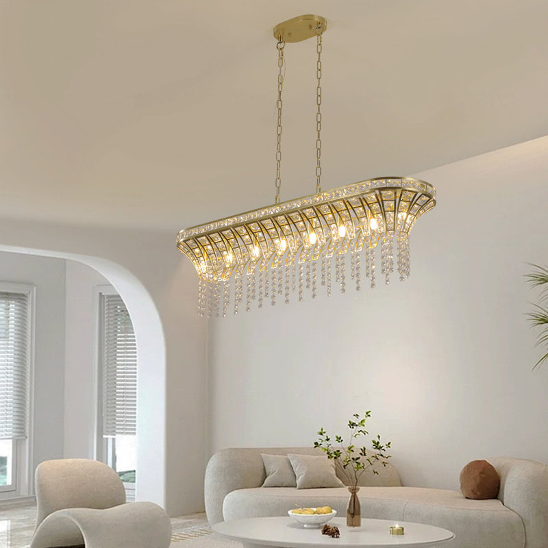 Lustre en cristal de style moderne de 39 po avec un design linéaire rectangulaire avec une finition dorée, un luminaire suspendu élégant avec des perles en cascade