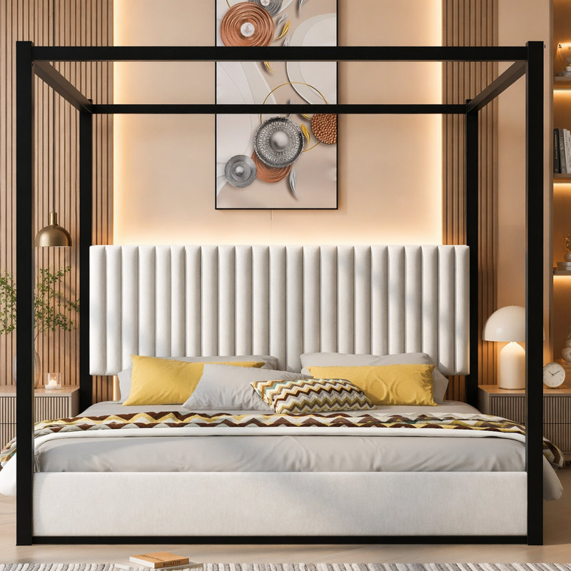 Lit plateforme à baldaquin avec tête de lit et structure en métal Upholstery, Noir blanc
