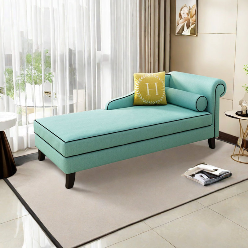 Chaise longue rembourrée Gibeon, Accoudoir à droite (vu de face), Mélange de lin cyan