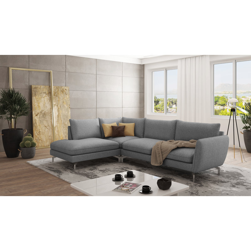 Modern L-shape Corner Sofa  with Silver Metal Legs, Grey, Left Hand Facing