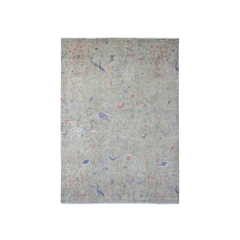 Tapis vert en laine nouée à la main 8 pi 10 po x 12 pi 3 po afghan Peshawar