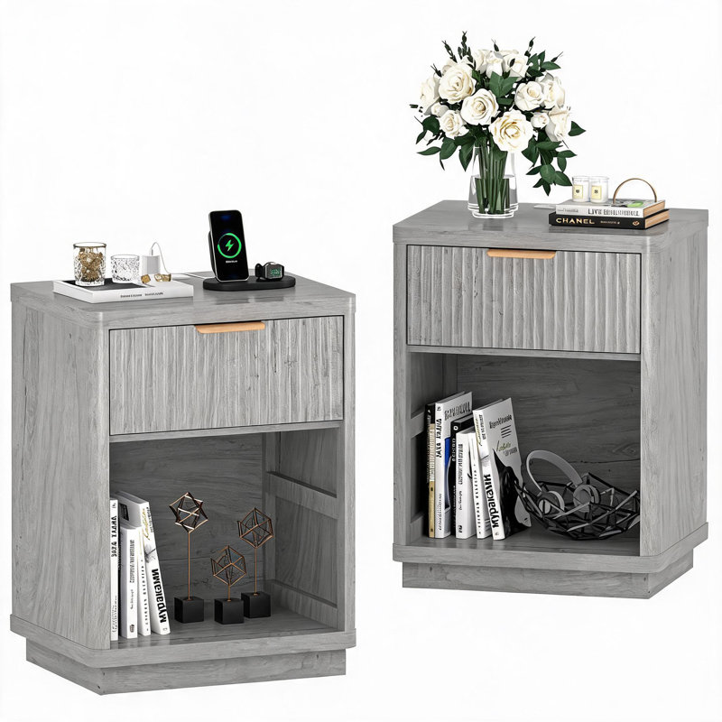 Ensemble de 2 tables de chevet cannelées de style champêtre, table de chevet du milieu du siècle avec station de recharge, table d'appoint à 1 tiroir avec poignée en métal