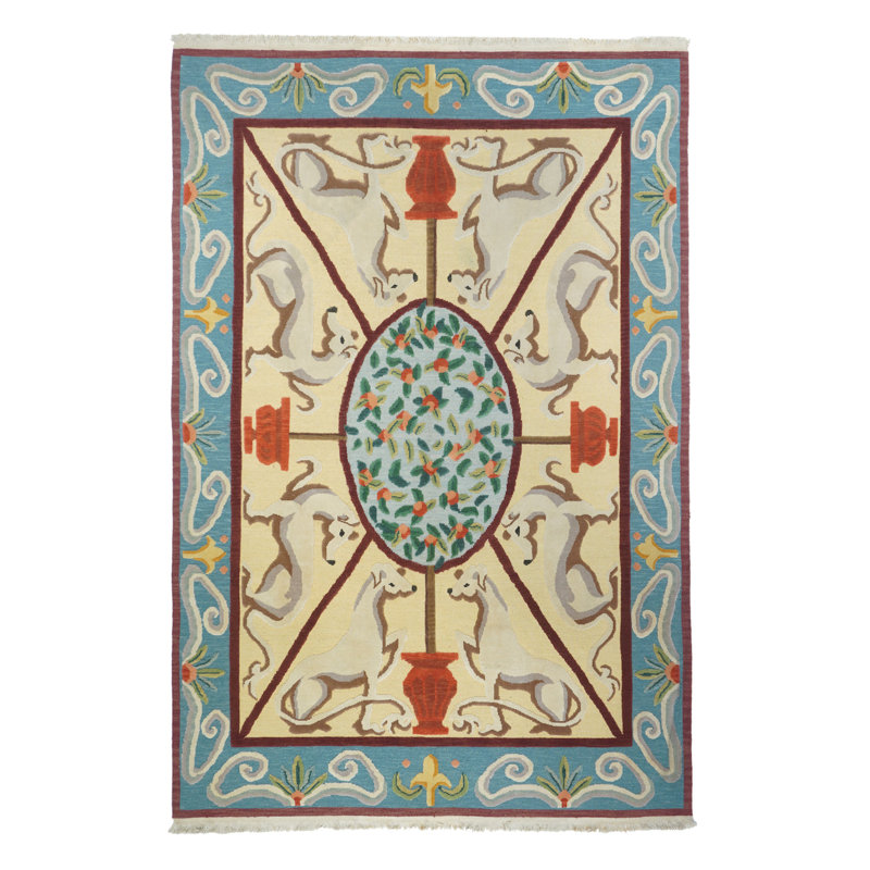 Tapis unique en laine noué à la main de 6 pi x 9 pi bleu / crème / rouge