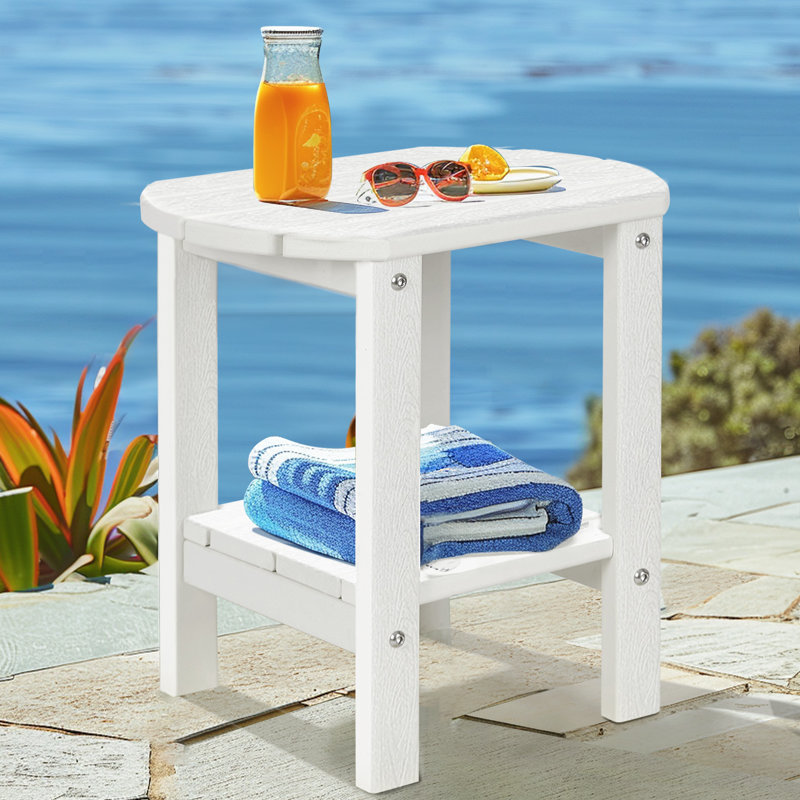 17 in. 2-Tier Rectangular HDPE Outdoor Side Table with Rounded Corners, White