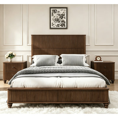 Solid Wood Bed Frame, Queen Platform Bed Frame with Headboard, Tall Headboard Natural Wood Bed, No Box Spring Needed, Walnut