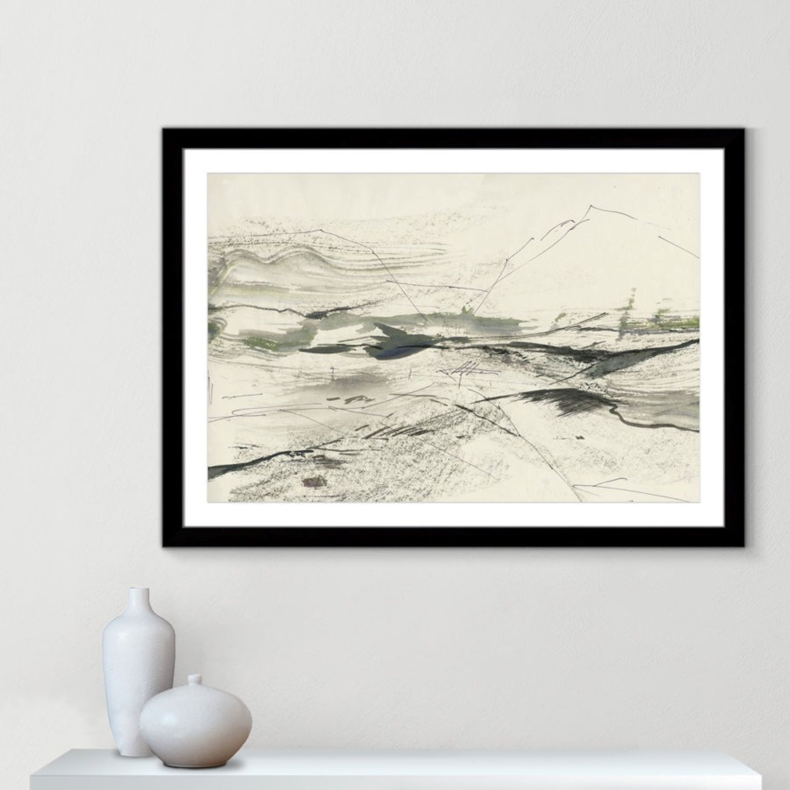 Green Sketches Print by PI Studio, 31" H x 43" W x 1.25" D, Black Cube Picture Framed, White