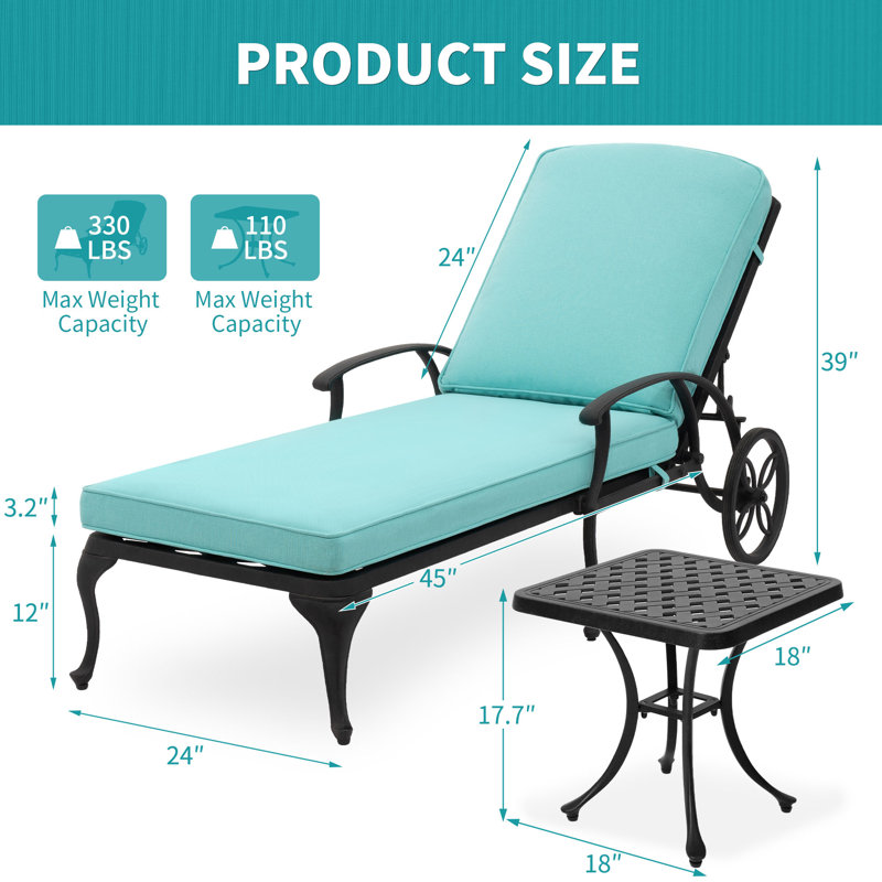 Chaise Lounge Chair Outdoor - Poolside Chairs Set Of 2 With Cushion And 1 Patio Side Table Cast Aluminum Waterproof Lounger With Wheels And Adjustable Reclining (cyan Cushion)