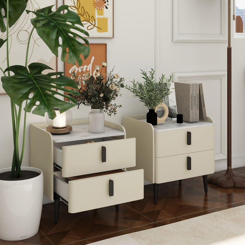 Ensemble de 2 tables de chevet, table de chevet avec 2 tiroirs et plateau de table en marbre, table d'appoint moderne pour la chambre à coucher, table de bout pour le salon, blanc