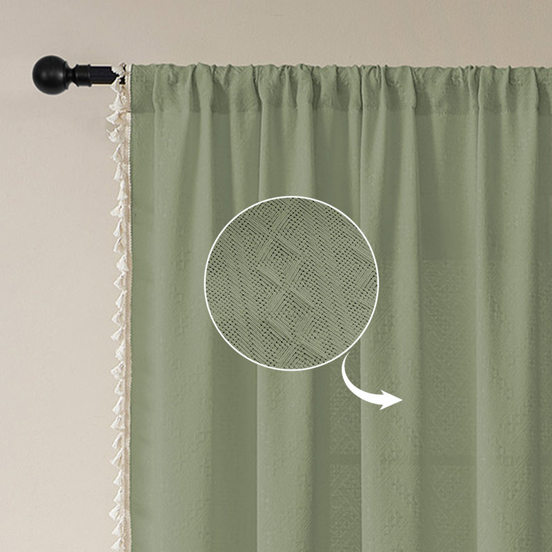 Bohemian Farmhouse Super Soft Tassel Semi-Sheer Curtain Panels (Set of 2), Sage Green, 52" W x 63" L