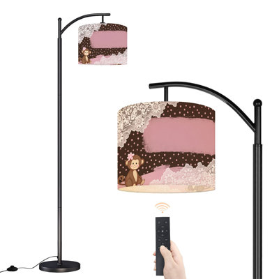 Arc Floor Lamp Cute Monkey Pink Flower Brown Pink Lace Floor Lamps with Remote LED Lights Adjustable Lamp Shades Tall Standing Lamps for Reading Office Living Room