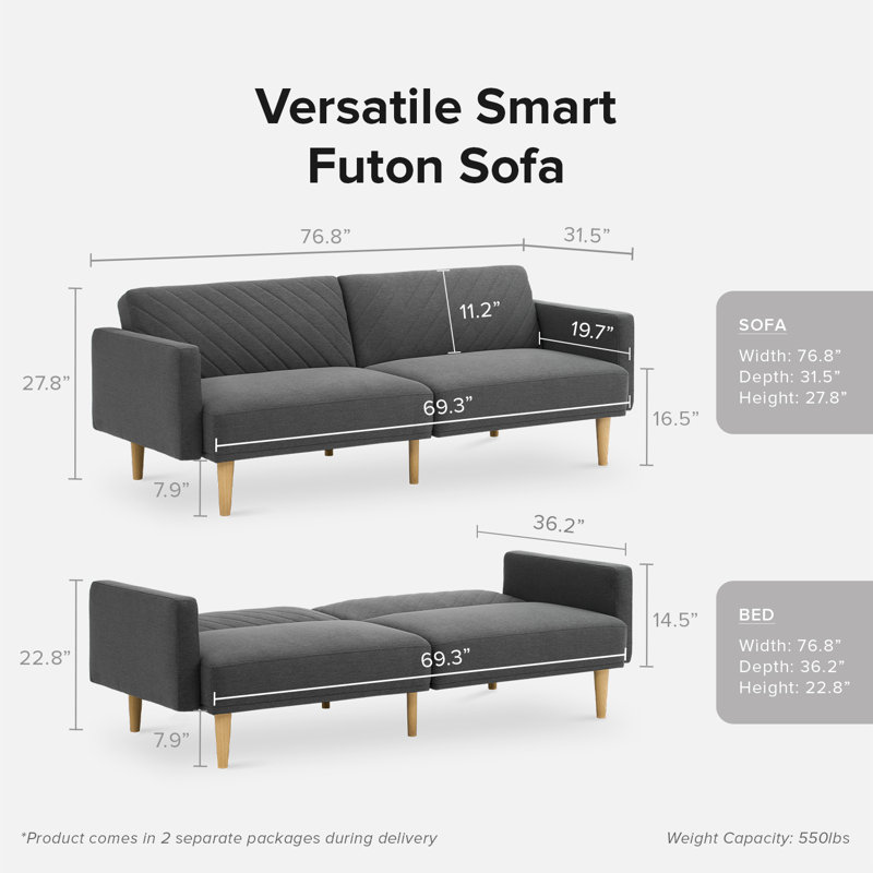 76.8'' Velvet Convertible Sofa, Dark Gray Polyester