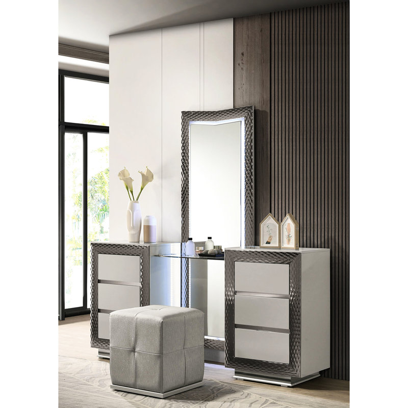Meuble-lavabo de style avec tabouret, finition grise, moulure argentée à base de socle, tablette en verre, tête de lit et miroir à DEL, bois d'hévéa massif, décorations de meuble de chambre à coucher 1 pièce, plateau, bois d'ingénierie, utilisation