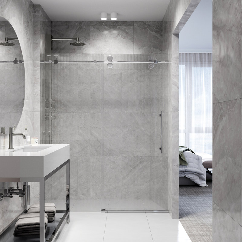 Porte de douche coulissante sans cadre avec verre cannelé 3/8 po l 56-60 po x H 74 po Elan, Chrome