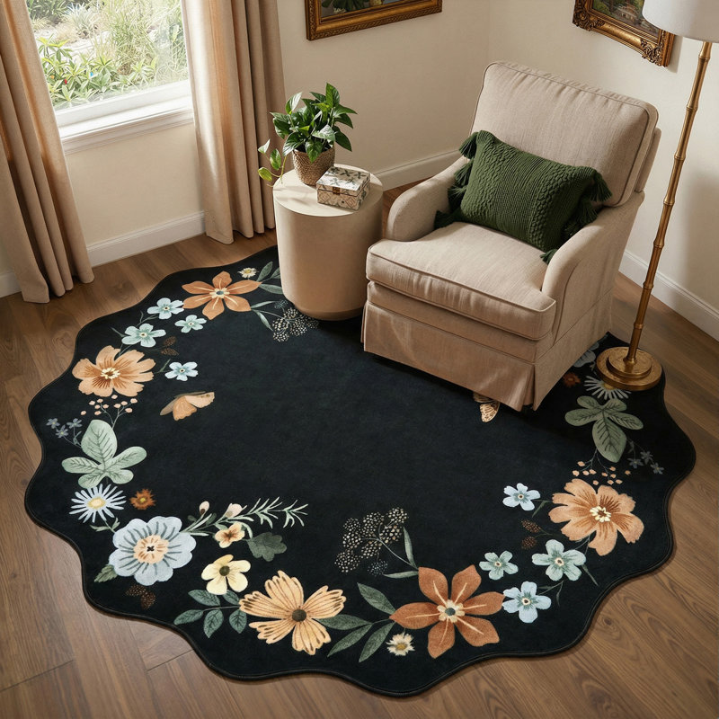 Garbrand Machine Washable Floral Farmhouse Area Rug with Non-Slip Backing for Living Room, Dining Room, Bedroom, Round 6'