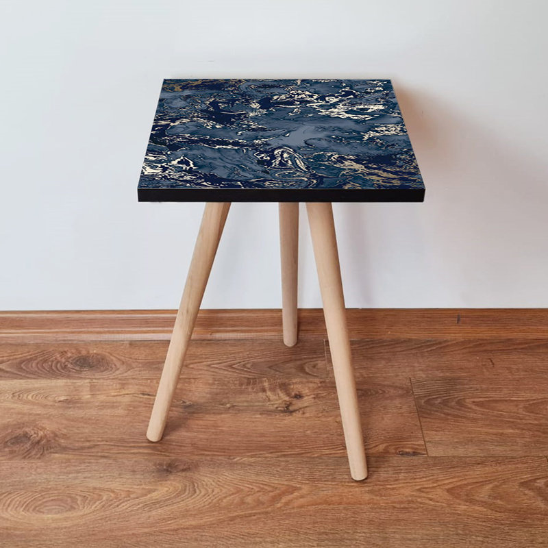 Table d'appoint moderne avec pieds en bois de hêtre, motif abstrait bleu marine et marbre blanc, 13,8 x 16,5 x 13,8 pouces | Fabrication 100% en panneau de fibres à densité moyenne, épaisseur de 0,7 pouce | Parfait pour le salon, la chambre à coucher et le bureau