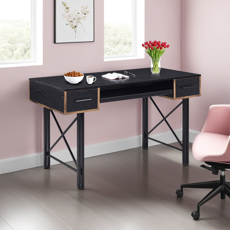 Modern Computer Desk with Distressed Casegood & Black Metal Frame, Double Pedestal Base & X-Shaped Support for Home Office