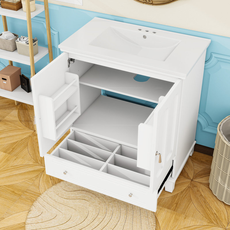 Meuble-lavabo moderne avec lavabo en céramique, tablette réglable et tiroir divisé, Blanc
