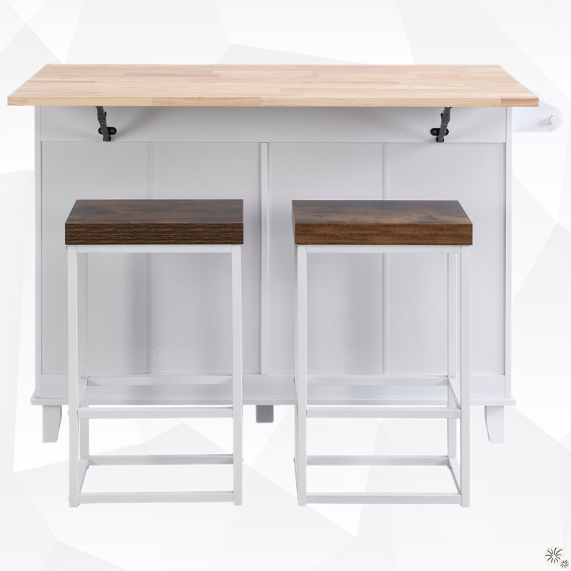 Ensemble d'îlot de cuisine de 50,3 po de largeur avec plateau en bois massif, Blanc
