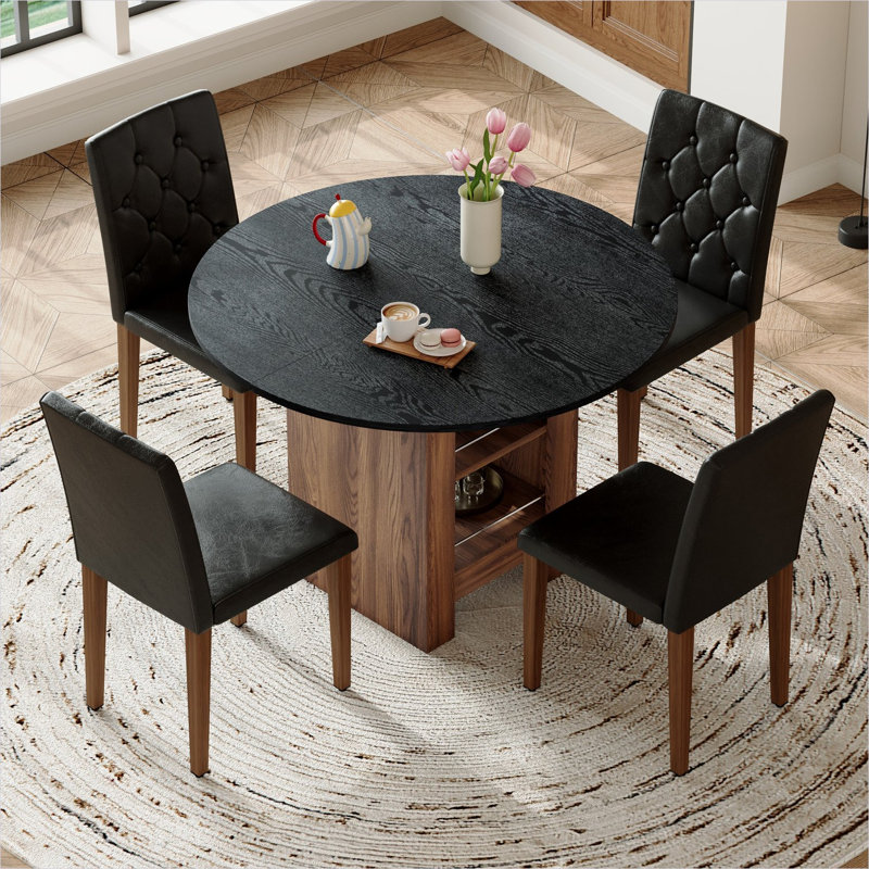 Ensemble de salle à manger 42 pouces pour 4 personnes avec rangement, table en bois aggloméré noir et chaises en polyuréthane