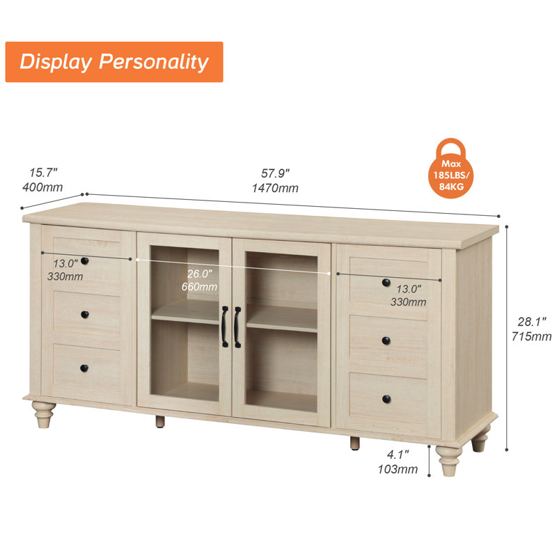 Scarlett 58" Wide Glass Door Sideboard with Adjustable Shelves, Beige