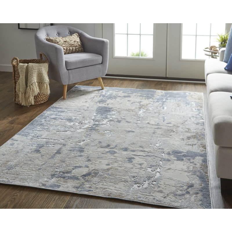 Abstract Machine Woven Rectangle 4' x 6' Polyester Area Rug in Blue/White, Rectangle 7'10" x 9'6"