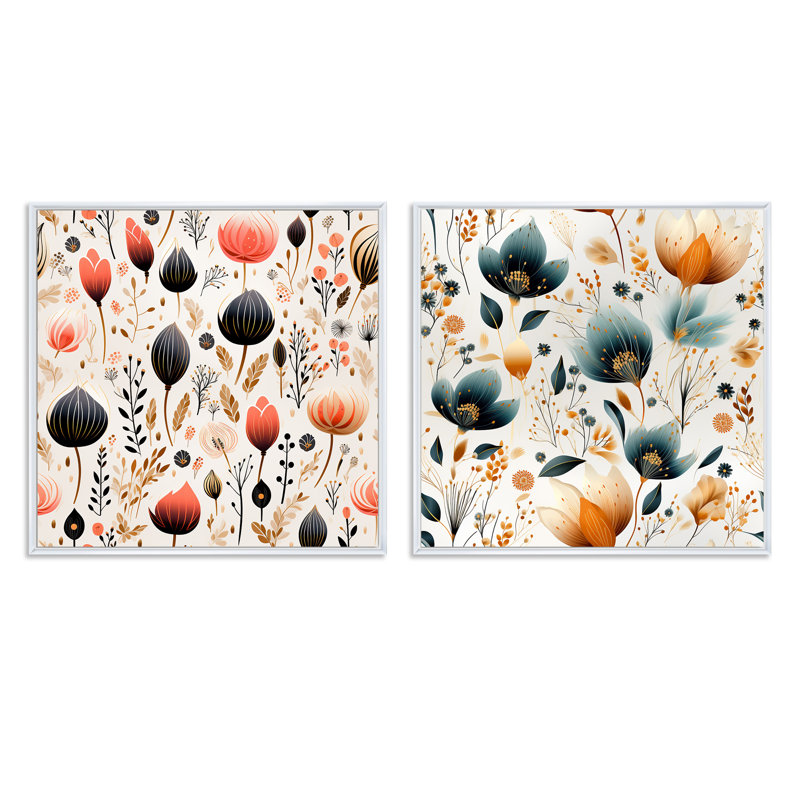 Ensemble de 2 collages carrés botaniques abstraits, Cadre flottant blanc, H 30 po x l 61 po