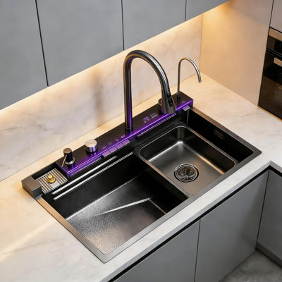 Ensemble complet d'évier de cuisine en acier inoxydable de 29,5 pouces avec accessoires pour évier de cuisine, affichage numérique, contrôle de clé de piano à eau, robinet escamotable multi-modes écoénergétique, revêtement en nid d'abeille, laveuse de tasses, compatible avec broyeur à déchets
