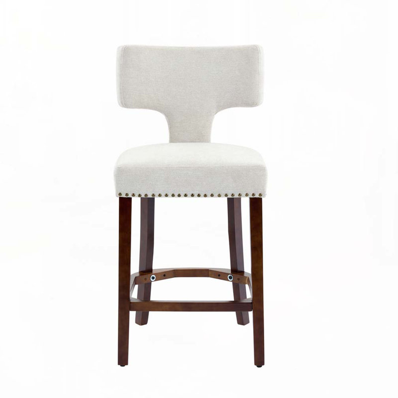 Ensemble de tabourets de bar revêtus de lin avec dossier incurvé, clous en cuivre, Beige
