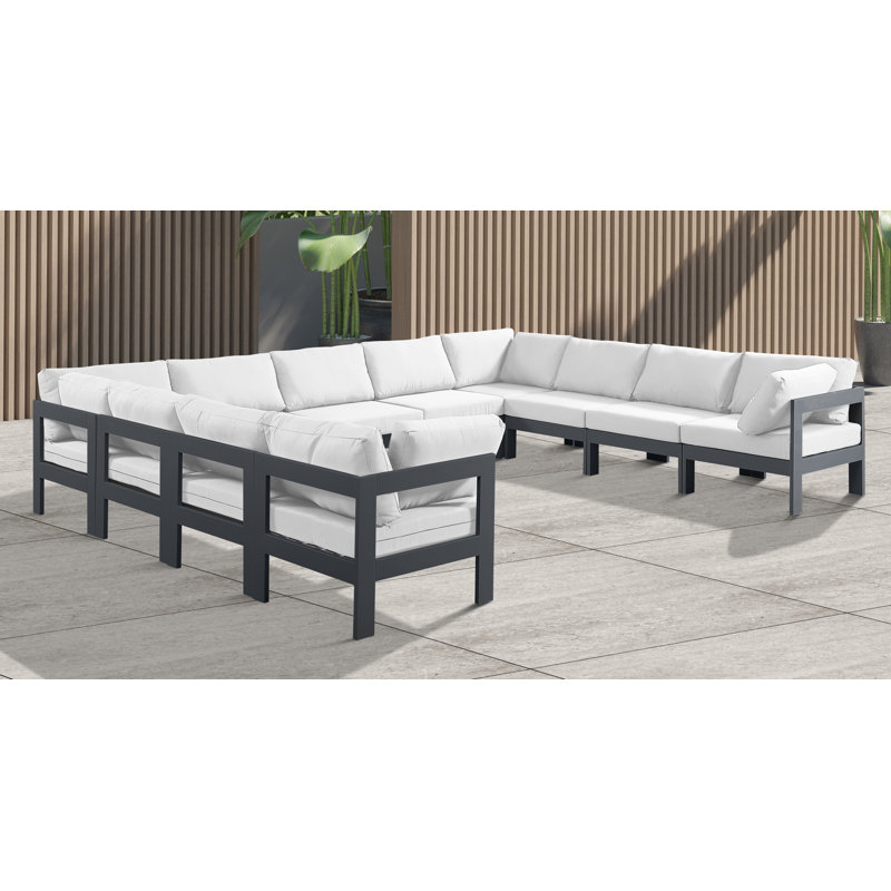 Canapé modulaire d'extérieur en forme de U avec coussins 150 po Layelle, Blanc, Gris foncé