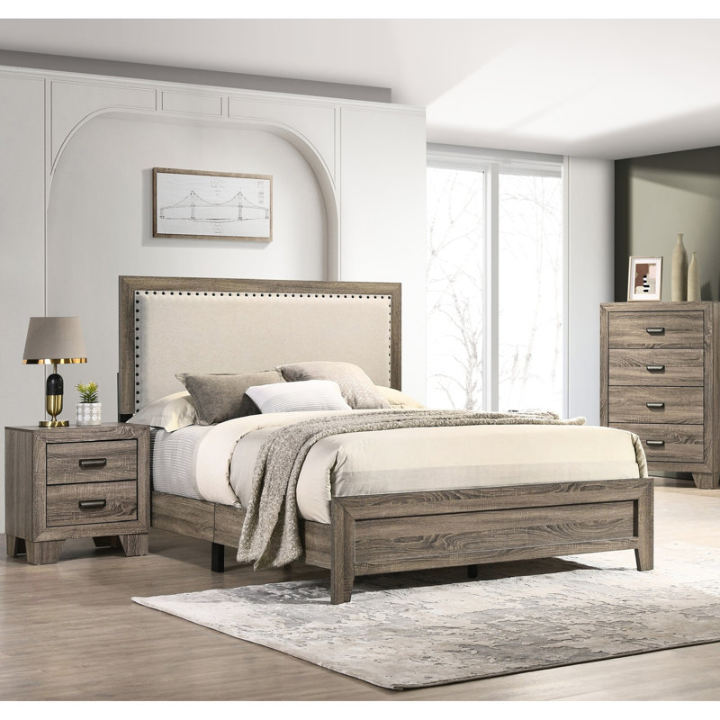 Grand lit moderne avec incrustation de cristal et tête de lit en tissu d'ameublement gris, Grand lit, Grey