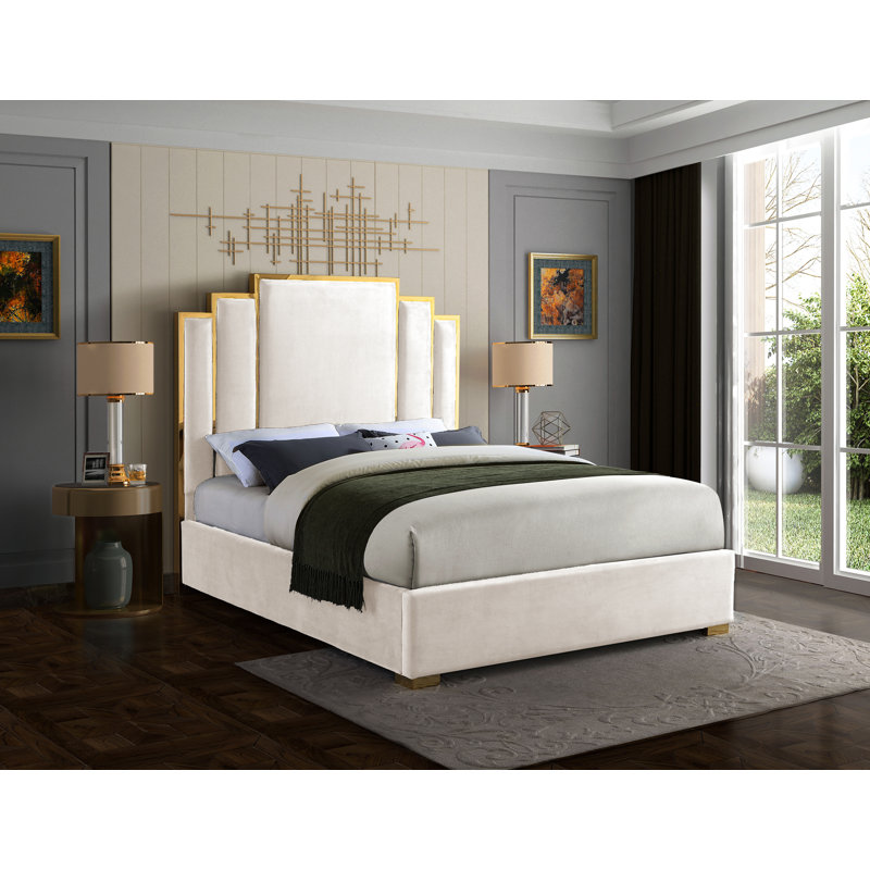 Lit plateforme tapissier Hugo, Grand, Velours crème