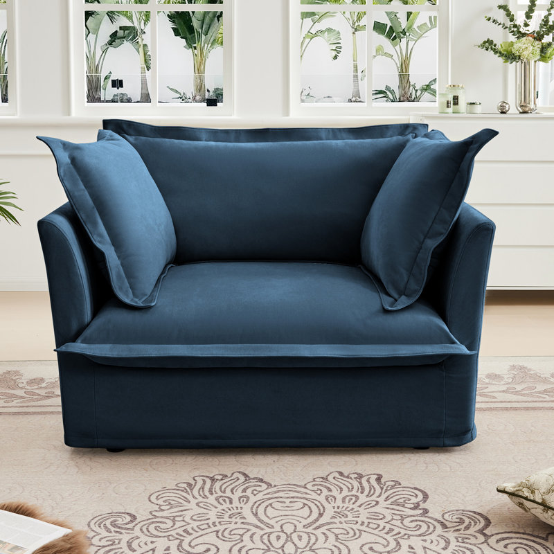 Fauteuil avec chenille, couleur bleue, assise profonde, tissu chenille confortable, bleu, 1 grand coussin de dossier et 2 coussins, siège