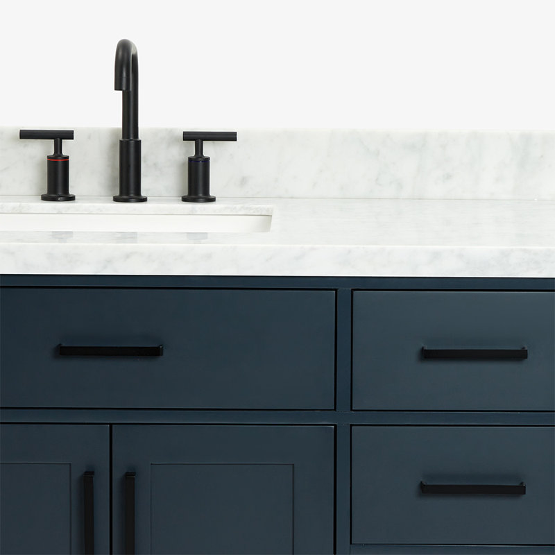 Thornaby 54'' Solid Wood Single Bathroom Vanity with 1.5'' Carrara Marble Top Sink, Midnight Blue / Matte Black, Rectangular