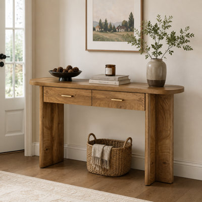 Curved Oval Wooden Console Table: Featuring A Vintage Farmhouse Aesthetic, Its Dual-Drawer Design Is Both Beautiful And Practical.
