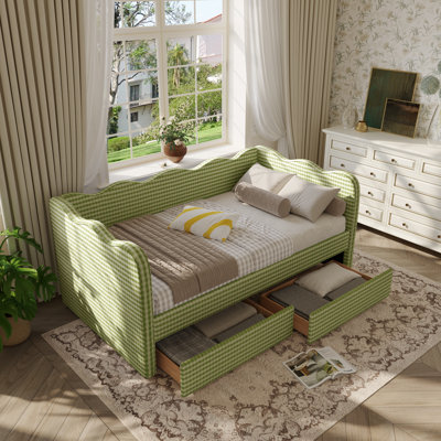 Lit de jour Gingham avec 2 tiroirs de rangement et port USB, forme ondulée