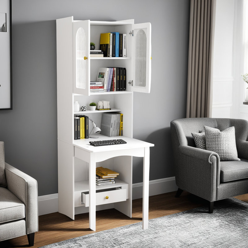 Multi-Functional Foldable Writing Desk with Convertible Bookshelf, Shelves, Drawer