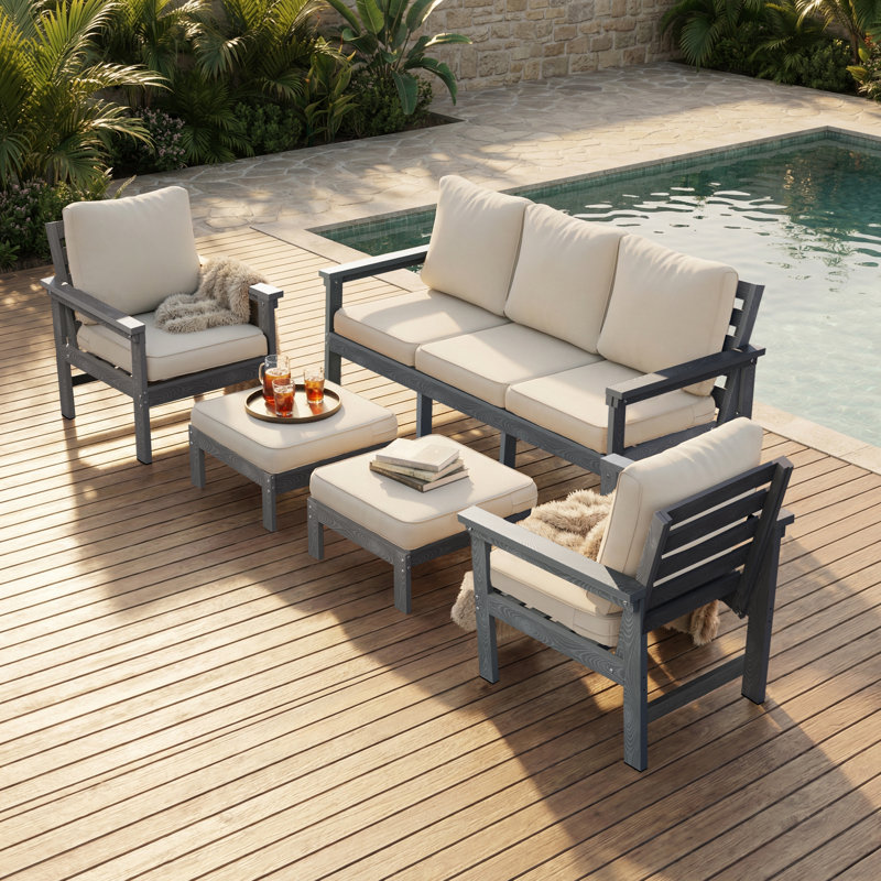 5-Piece HIPS Patio Furniture Set with Detachable Cushions, Ergonomic Design Outdoor Sectional Sofa Couch with Ottoman, Easy Assembly Patio Furniture Set for Patio, Yard, Garden