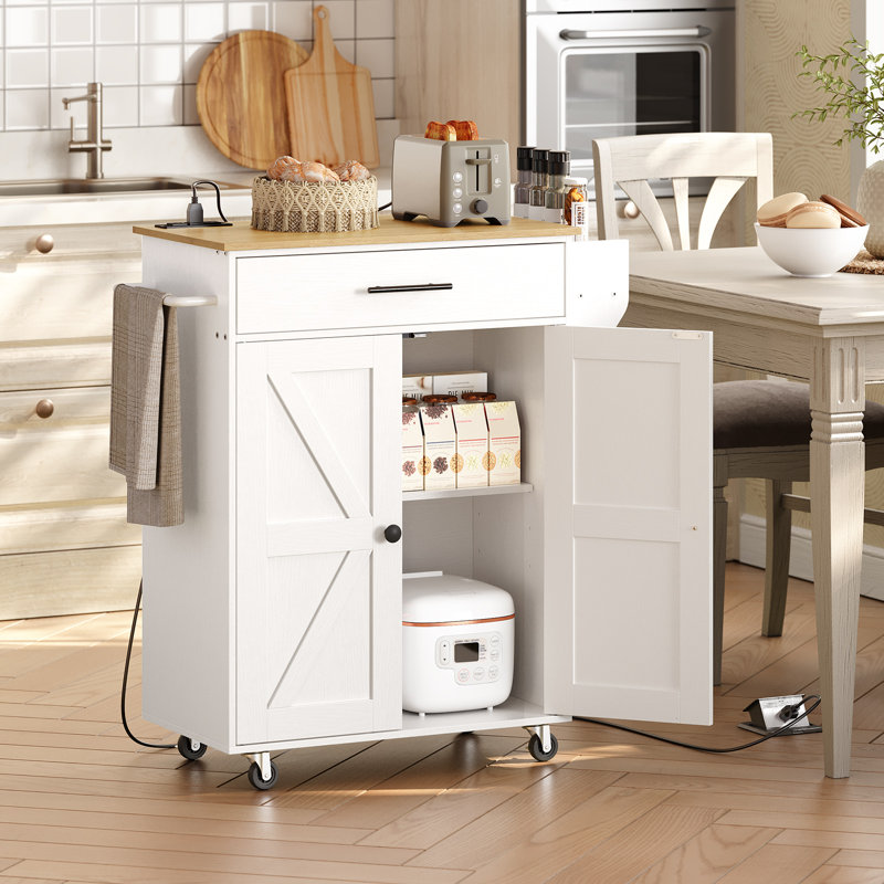 Îlot de cuisine 34,3 po Laimondas avec rangement et prise de courant, Naturel / Blanc