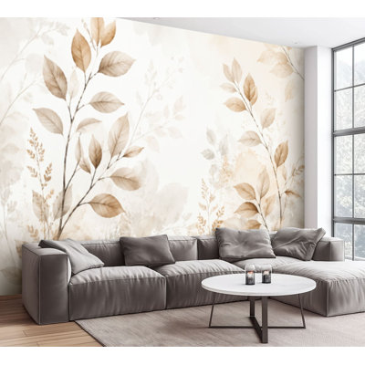 Wall Mural Peel and Stick Wallpaper Brown White Twigs Delicate Branches Fine Stems Minimal Leaves Organic Self-Adhesive Removable Contact Paper Wall Decor for Living Room Bedroom 100"H x 144"W