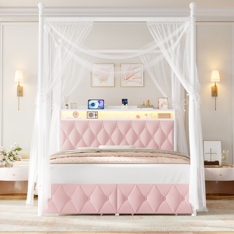 Lit à baldaquin en métal avec éclairage DEL et charge USB, Grand, Rose