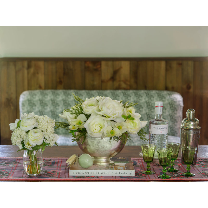 Amaryllis, Ranunculus and Hellebore Bouquet in Oval Silver Bowl